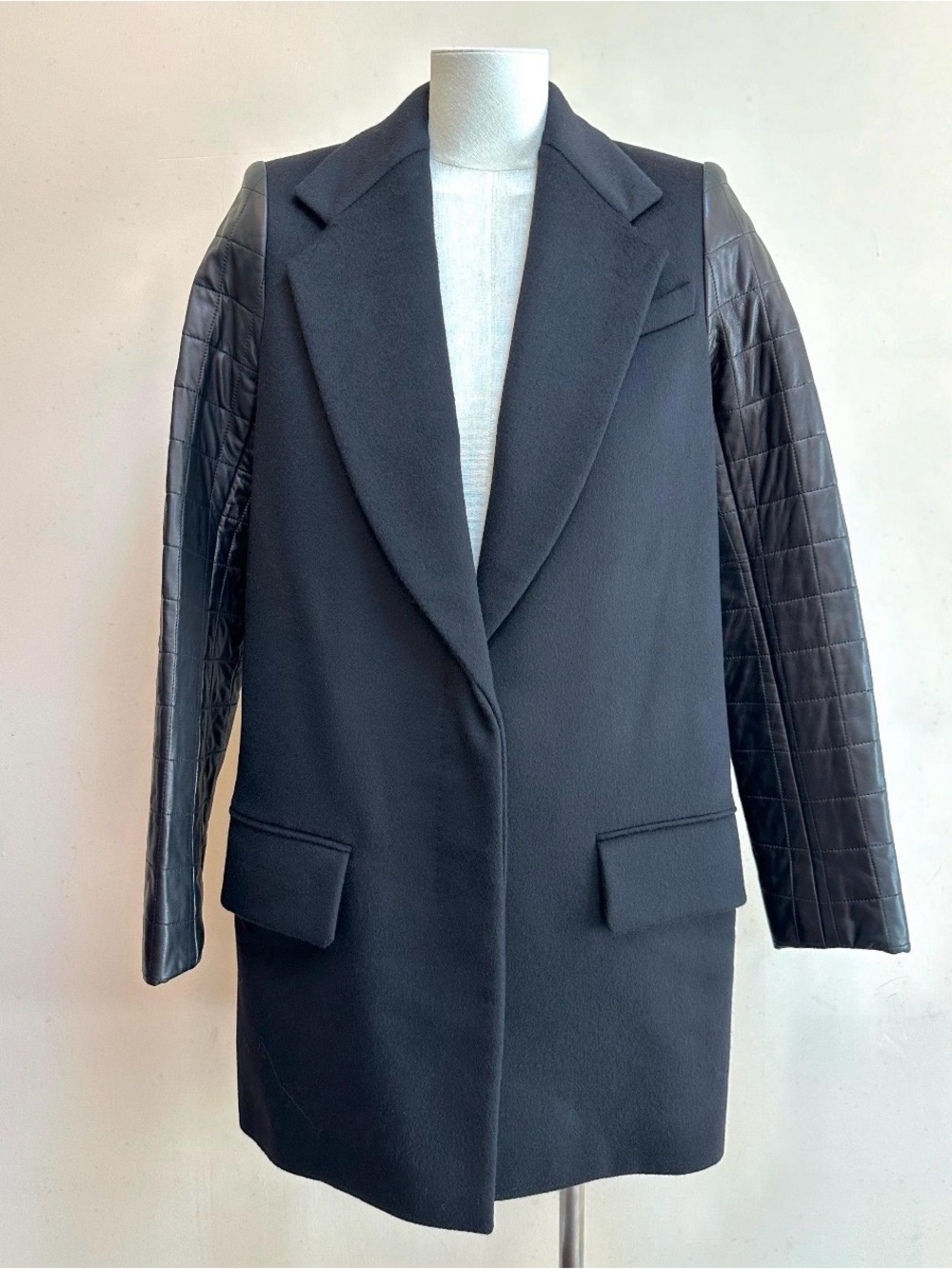 The Row Black Wool Pea Coat with Quilted Leather Sleeves